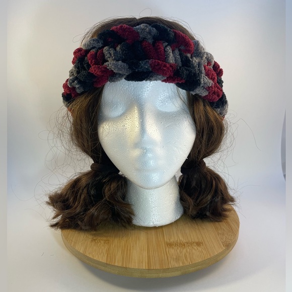 Handmade Kid’s Super Soft & Cozy Winter Headband/Ear Wrap - Cranberry/Gray/Black - Picture 4 of 9